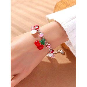 CHERRY FLOWER HEART CHARMS BEAD BRACELET